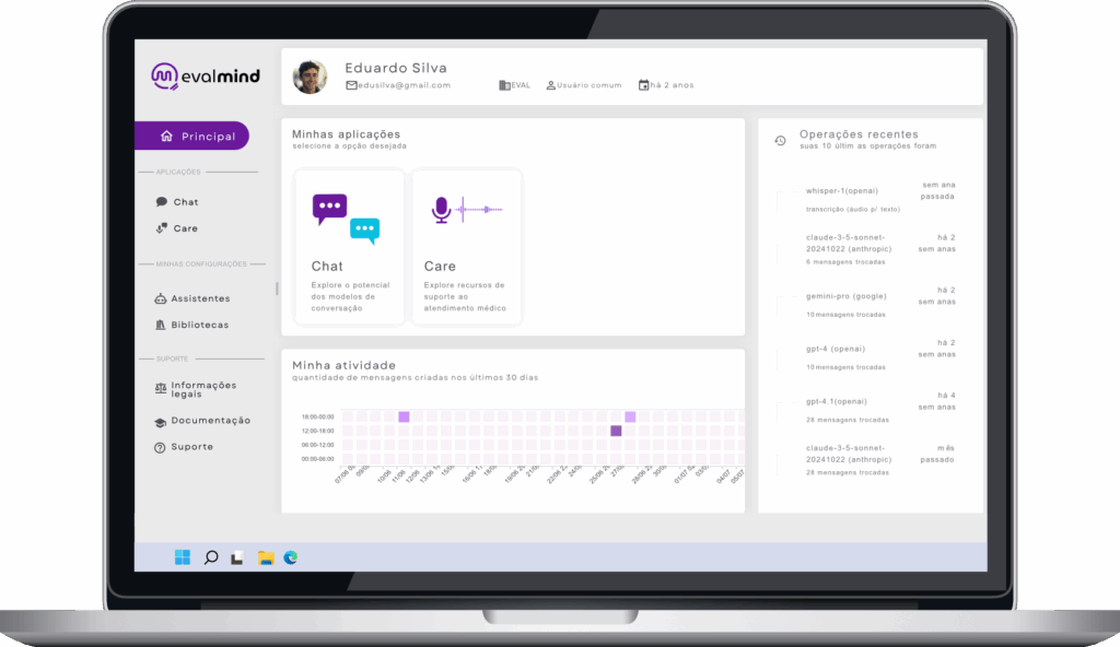Tela da evalmind versão desktop